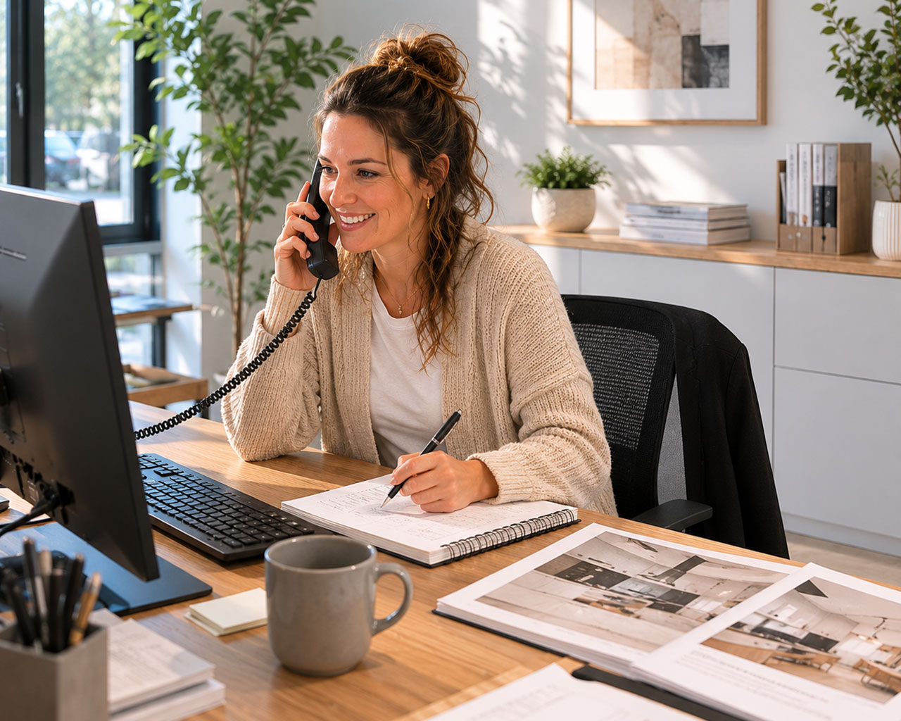 Conseillère de Cuisi-n-art souriante au téléphone à son bureau