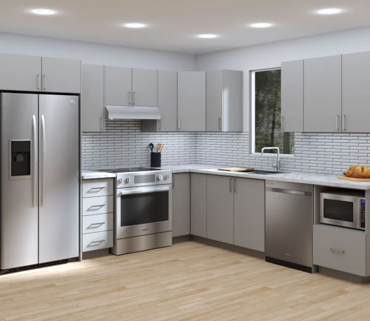 Cuisine grise avec électroménagers en acier inoxydable
