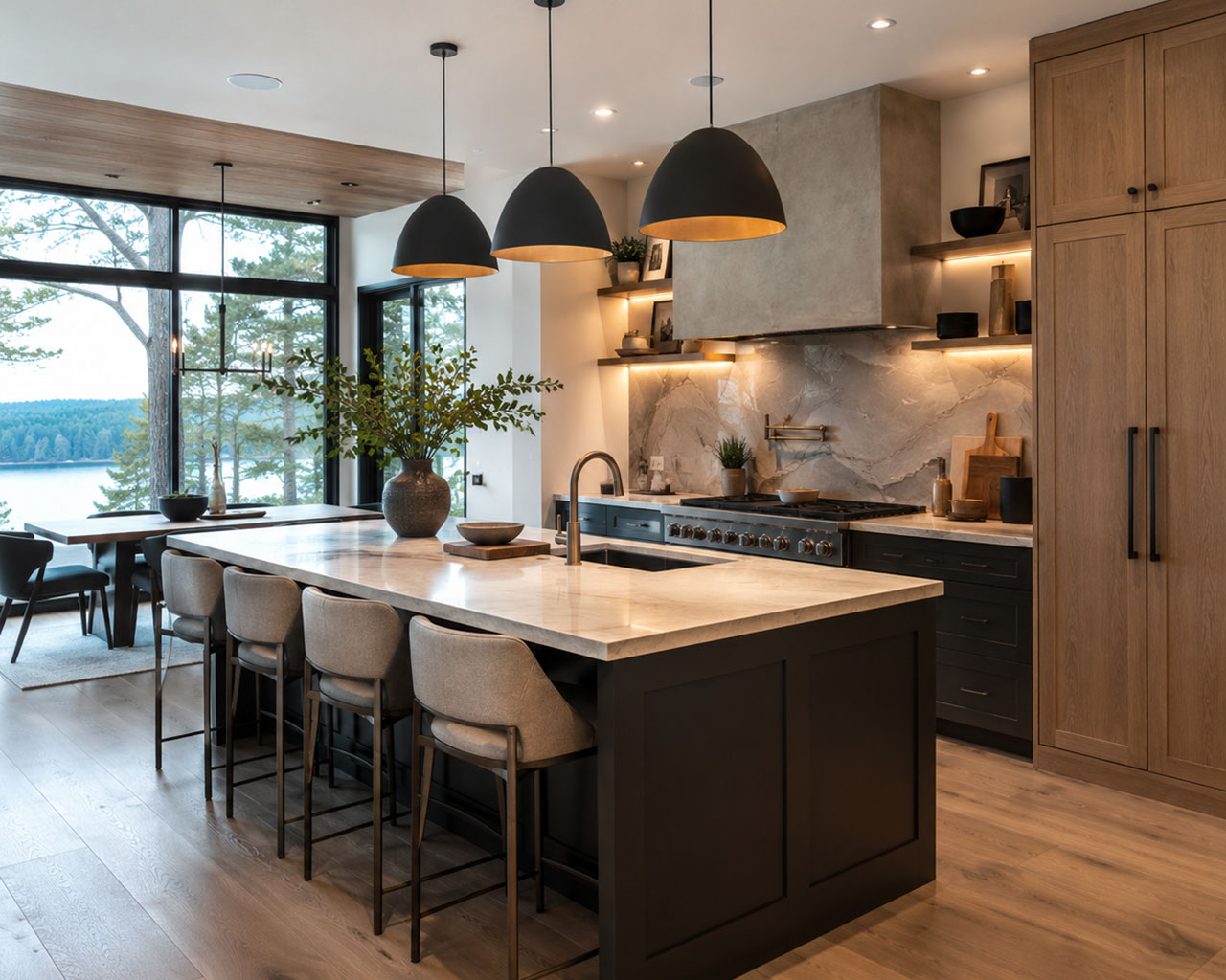 Custom kitchen with an island and stools