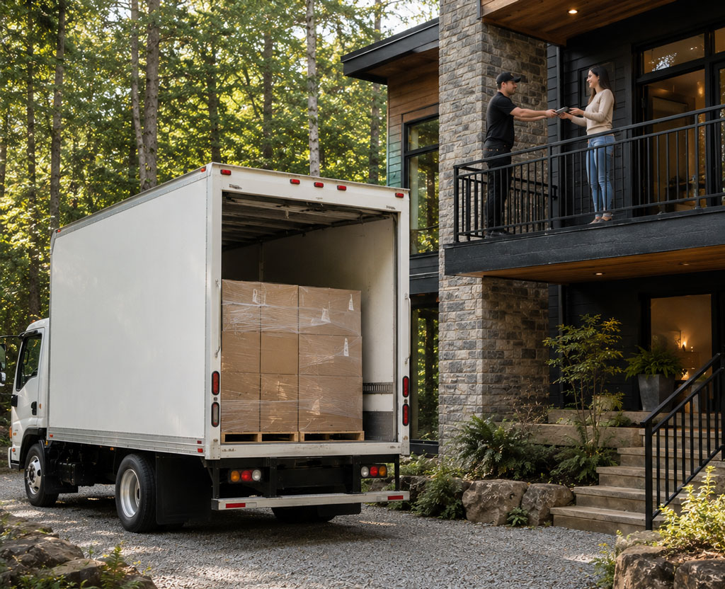 Delivery truck in front of a house