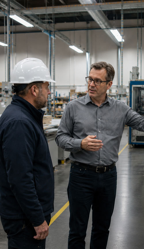 Deux hommes discutent dans l’usine, l’un portant un casque de chantier