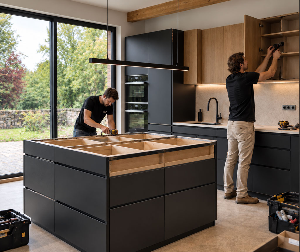 Installation d’armoires de cuisine sur un chantier