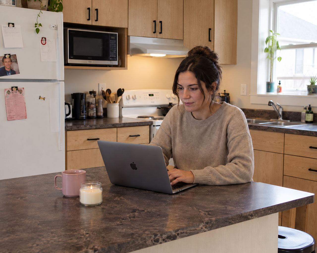 Woman shopping online on a computer in her kitchen