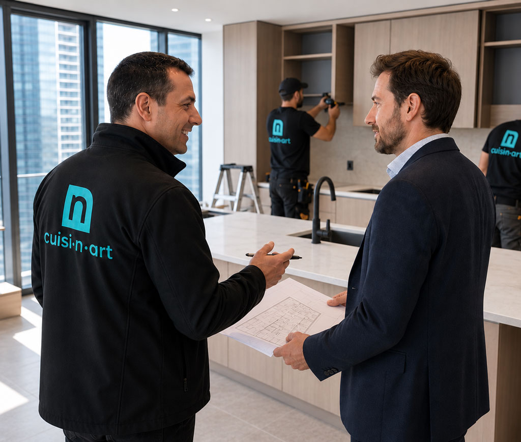 Cuisi-n-art representative reviewing a plan with a developer on site